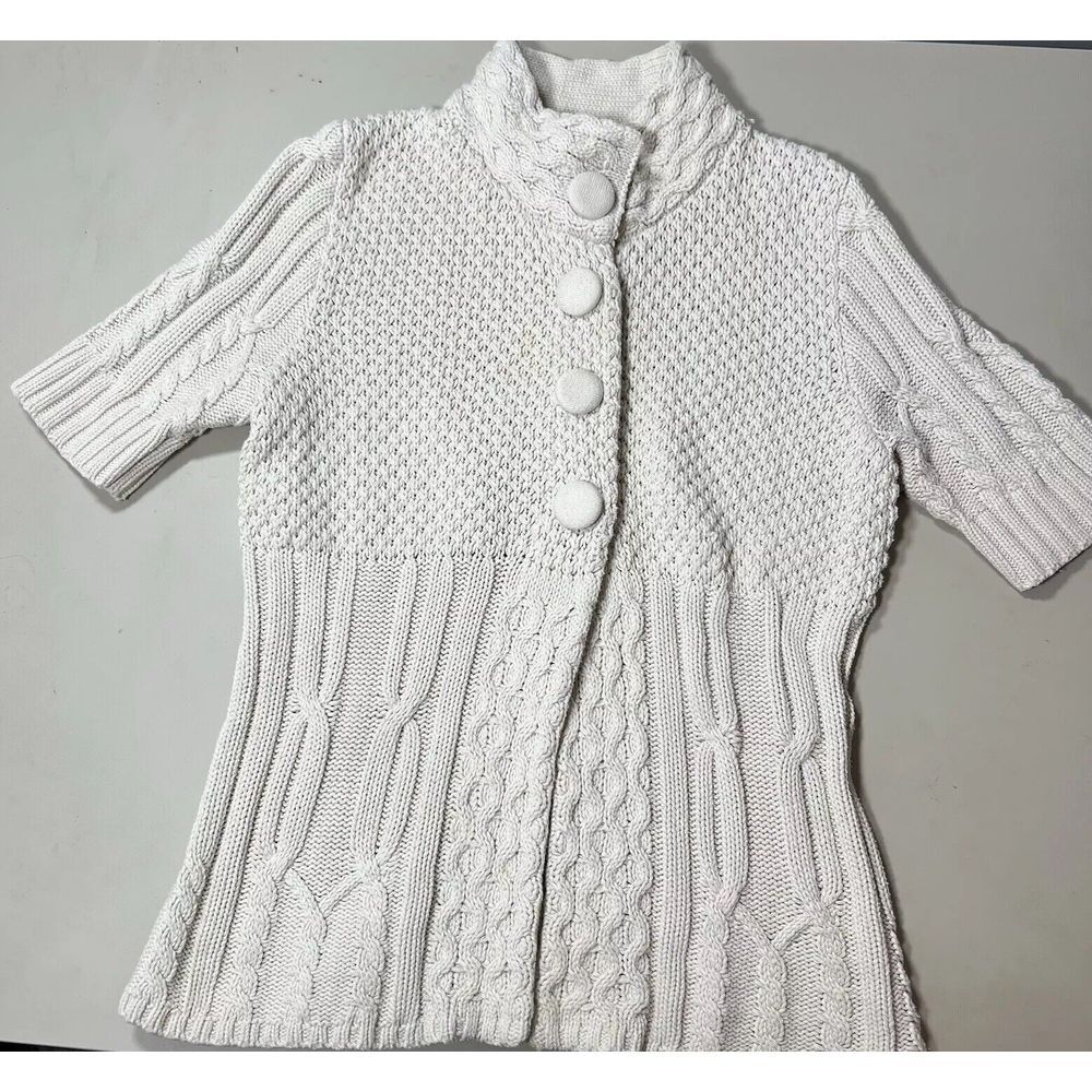 Cable Knit Cotton Short Sleeve Mock Neck Large Cardigan Cottage Core Old Money